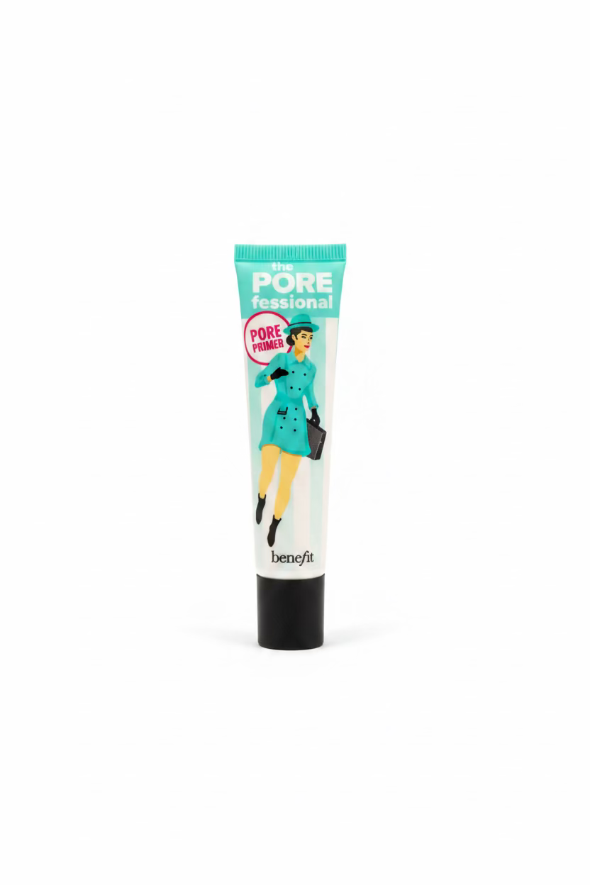 Benefit The Pore Fessional Pore Primer in a squeeze tube, standing on a glass display counter inside a retail cosmetics store.