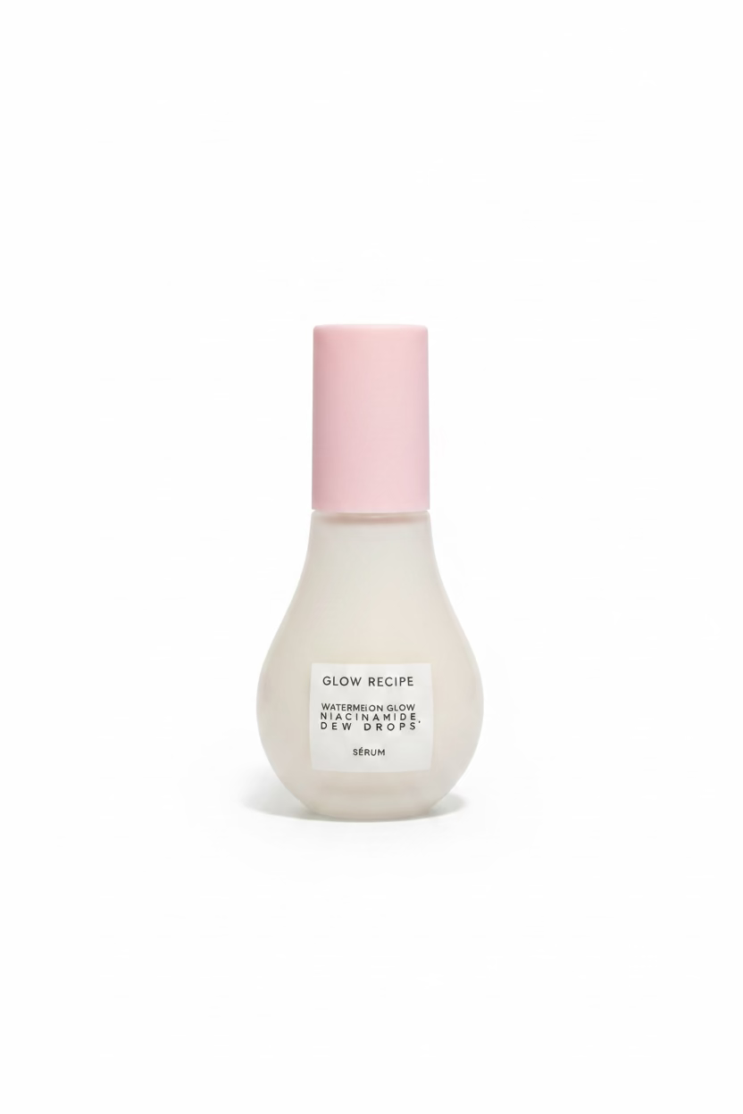 A bottle of Glow Recipe Watermelon Glow Serum sits on top of an open silver laptop in a retail store setting, with shelves of other products blurred in the background.