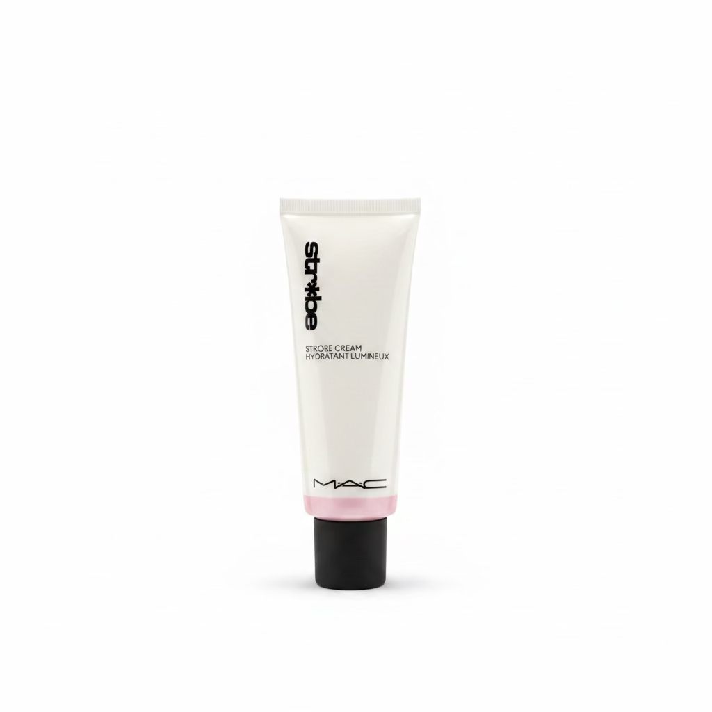 A squeeze tube of MAC Studio Cream in a white and black packaging with a pink band, displayed on a glass counter in a retail store with a laptop and shelves in the background.