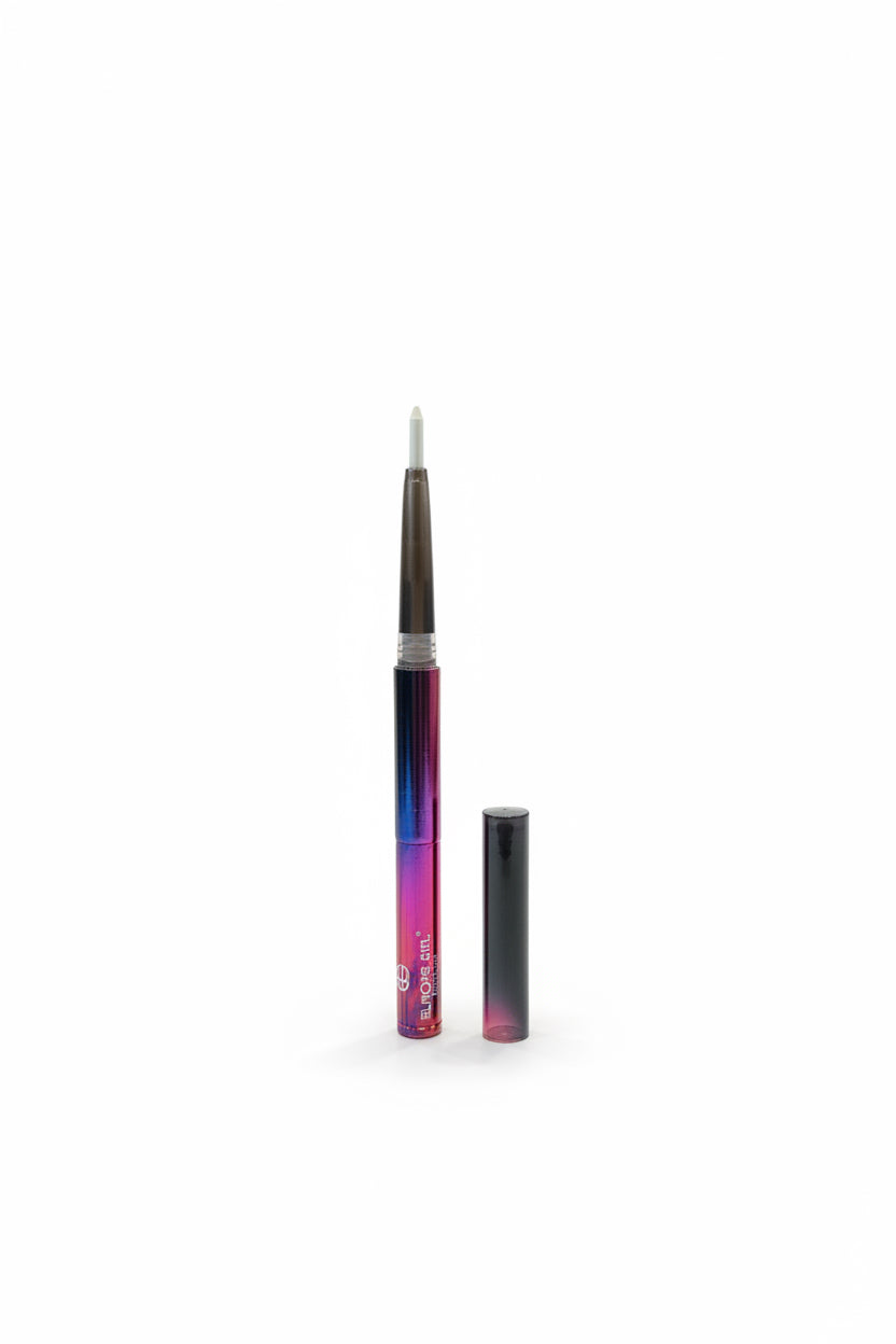 A slim cosmetic pen-style product with a metallic purple body and white tip stands upright on a laptop, alongside its cap and product box, in front of a blurred retail store background.