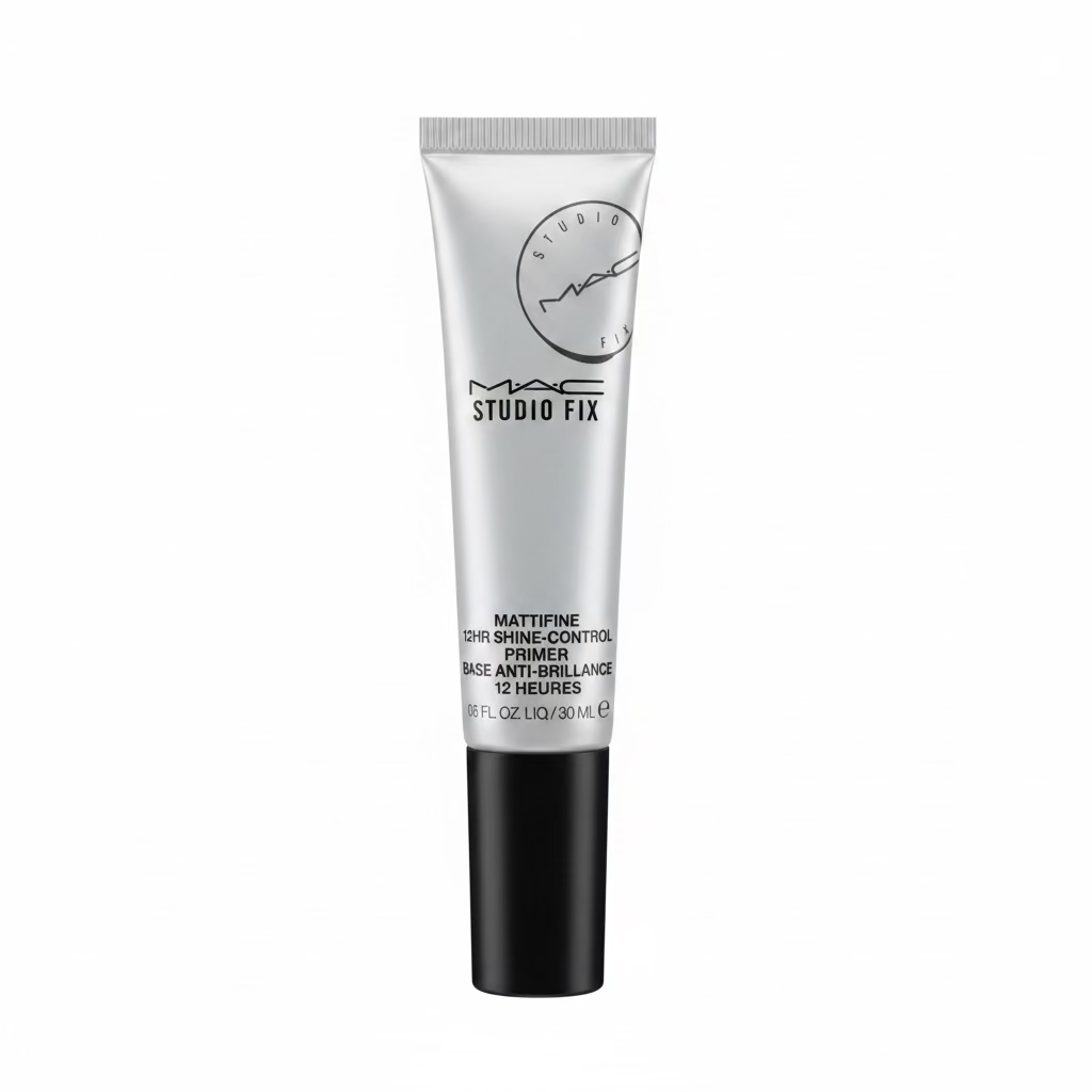 A silver and black tube of MAC Studio Fix Matifying Shine-Control Primer standing on a glass display counter inside a retail store.