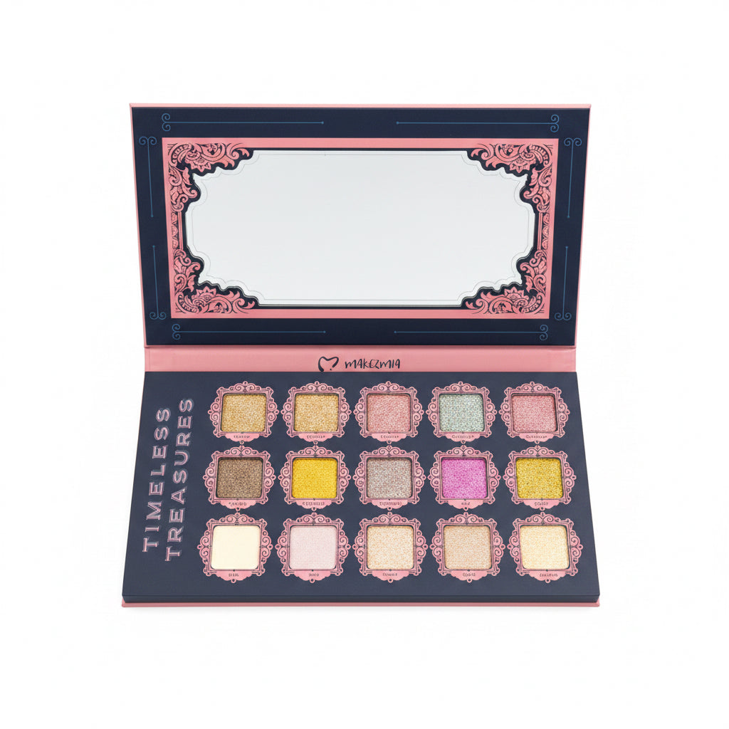 A makeup palette labeled 'TIMELESS TREASURES' held open in a store setting. The palette has 16 square pans in various glitter and matte shades of pink, gold, silver, and white, set against a dark background with pink ornate borders.