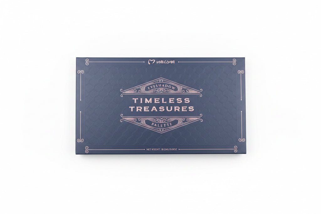 A person holding a rectangular makeup palette box labeled 'FRESHSHAWN EYESHADOW TIMELESS TREASURES PALETTE' in a retail store setting.
