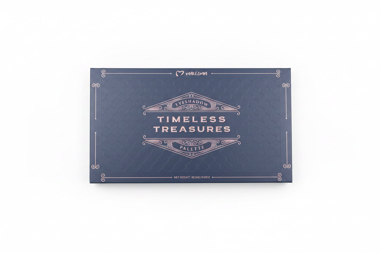 A person holding a rectangular makeup palette box labeled 'FRESHSHAWN EYESHADOW TIMELESS TREASURES PALETTE' in a retail store setting.