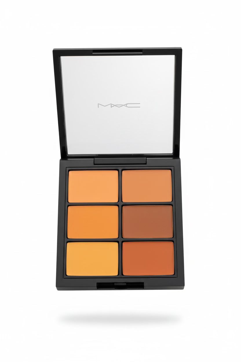 A hand holding an open MAC makeup palette with six cream products in various warm tones including yellow, orange, and brown, set against a cluttered desk background.