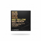 A hand holding a black MAC Studio Fix Conceal and Correct Palette box in the shade Mid Yellow Mid Peach, with NC30, NW25, NC35, and NW35 listed in yellow text.