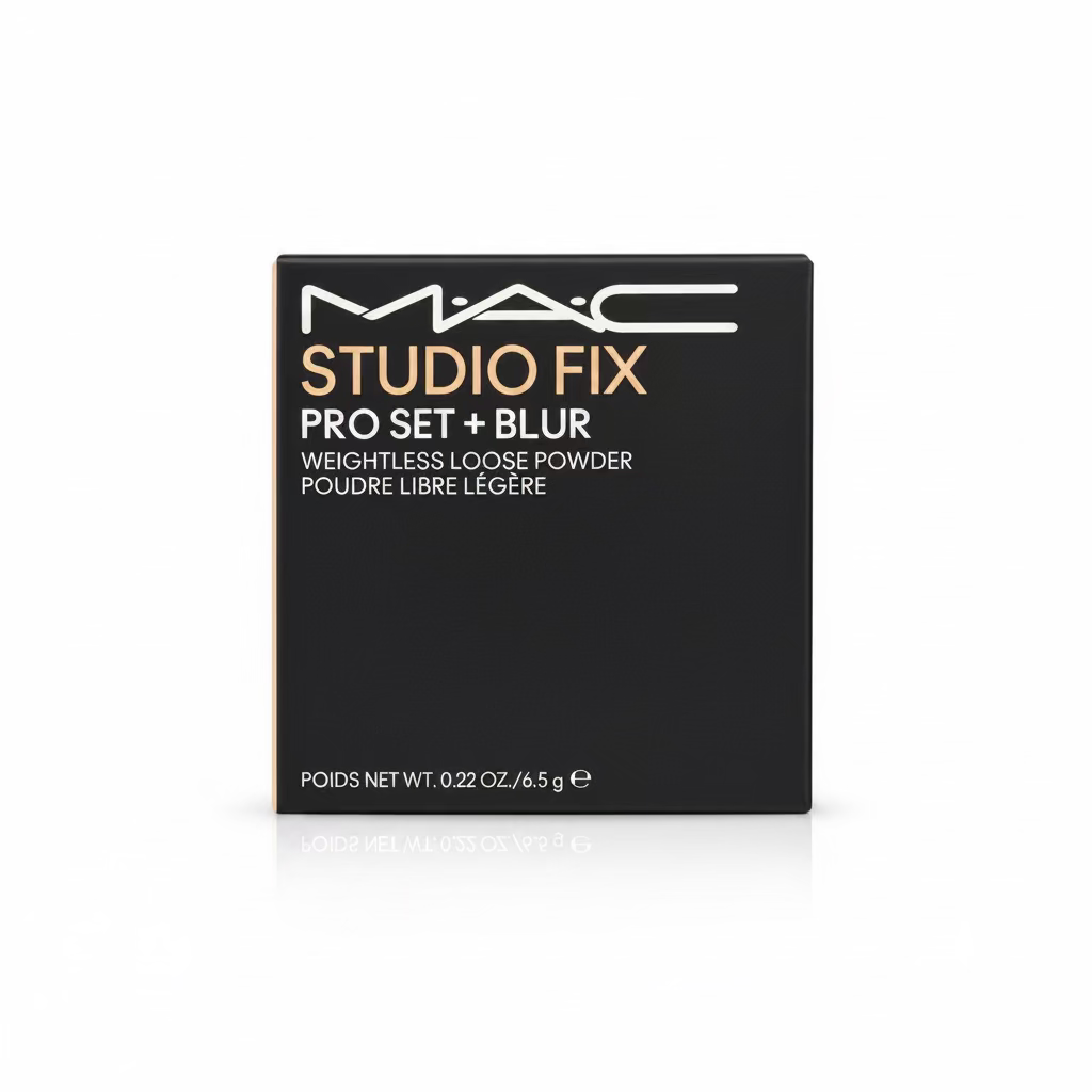 A hand holding a black MAC Studio Fix Pro Set + Blur loose powder compact box, with a cluttered background of books and other makeup items.