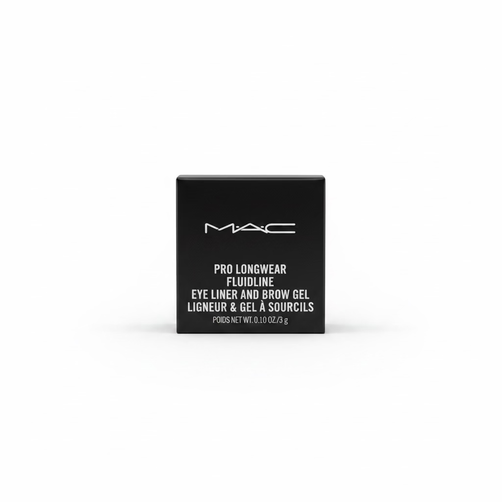 A black MAC Pro Longwear Fluidline Eye Liner and Brow Gel box displayed on a glass counter in a retail setting, with a person blurred in the background.