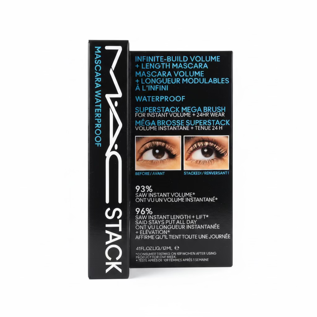 MAC Stack mascara in a black box with blue and white text, showing before-and-after eye imagery on the front. The MAC logo is visible on the side of the box.