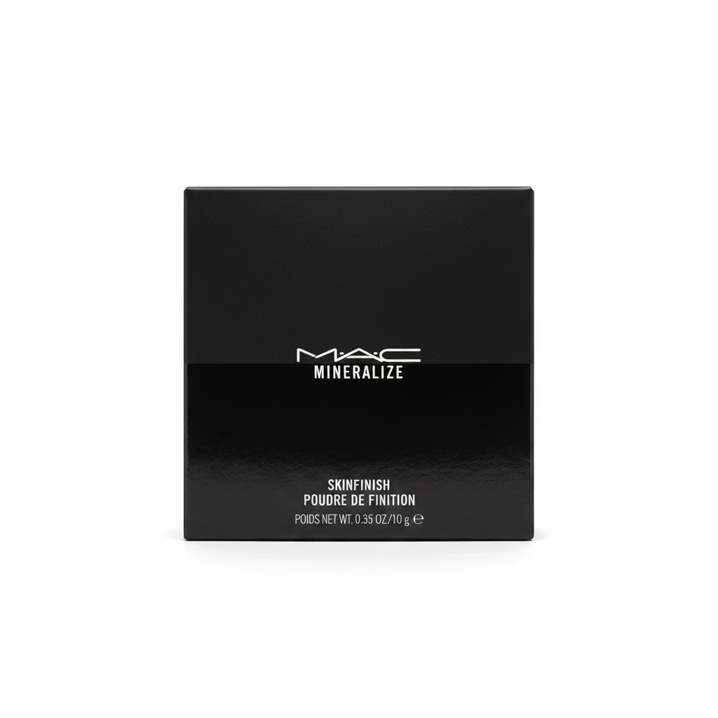 A black MAC Mineralize Skinfinish powder box placed on a glass counter in a retail store, with shelves and other products visible in the background.