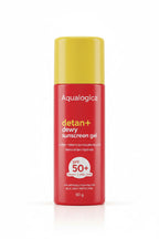 A red aerosol can of Aqualogica Detan Daily Sunscreen Gel SPF 50+ with a yellow cap, standing on a white surface in front of an open laptop in a retail or office setting.