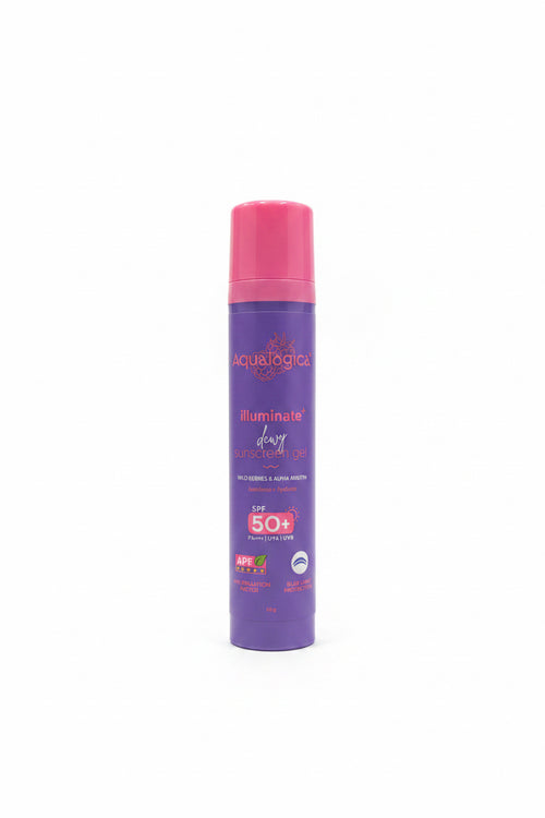 A bottle of Aqualogic Illuminate Dewy Sunscreen Gel SPF 50+ with a purple body and pink cap, standing on a glass display counter in a retail store.