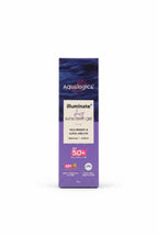 A box of Aqualogica Illuminate+ Deep Sunscreen Gel SPF 50+ Wild Berries & Alpha Arbutin, standing on a red counter inside a retail store with a laptop and shelves of products in the background.