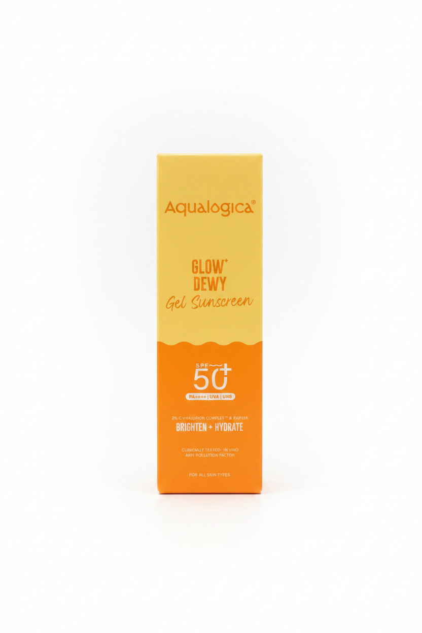 Aqualogica Glow+Dewy Gel Sunscreen SPF 50 delivers lightweight sun protection with a luminous finish.
