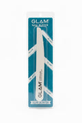 A packaged Glam Nail Buffer Slim Sutter in its original blue and white blister packaging, standing in front of an open laptop computer.