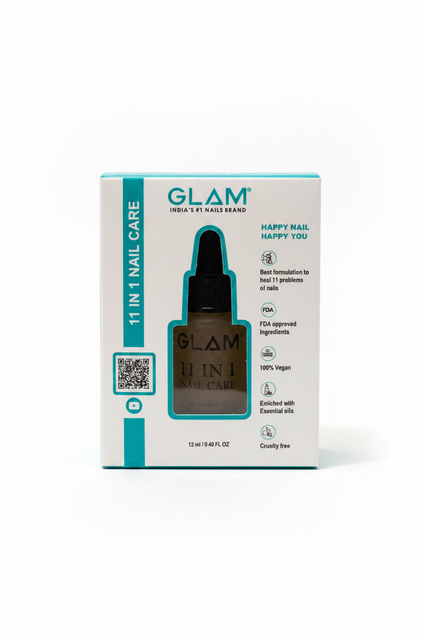 GLAM 11 in 1 Nail Care box on a desk with a laptop and office items in the background.