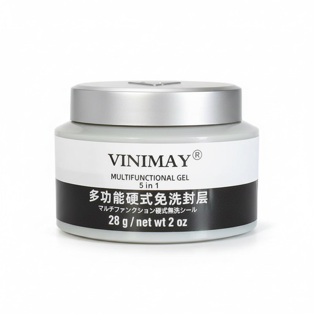 A jar of VINIMAY Multifunctional Gel 5 in 1, featuring a white body, a silver metallic lid, and a black and white label with Japanese text, set against a plain light gray background.