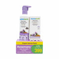 Mama Earth Rosemary Hair Growth Combo pack containing a 250ml bottle of shampoo and a 100ml box of hair oil, displayed on a yellow and purple promotional stand on a wooden table.