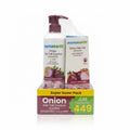Mama Earth Onion Hair Fall Control Shampoo and Onion Hair Oil presented in a Super Saver Pack display box on a reflective dark surface, with a blurred indoor background.