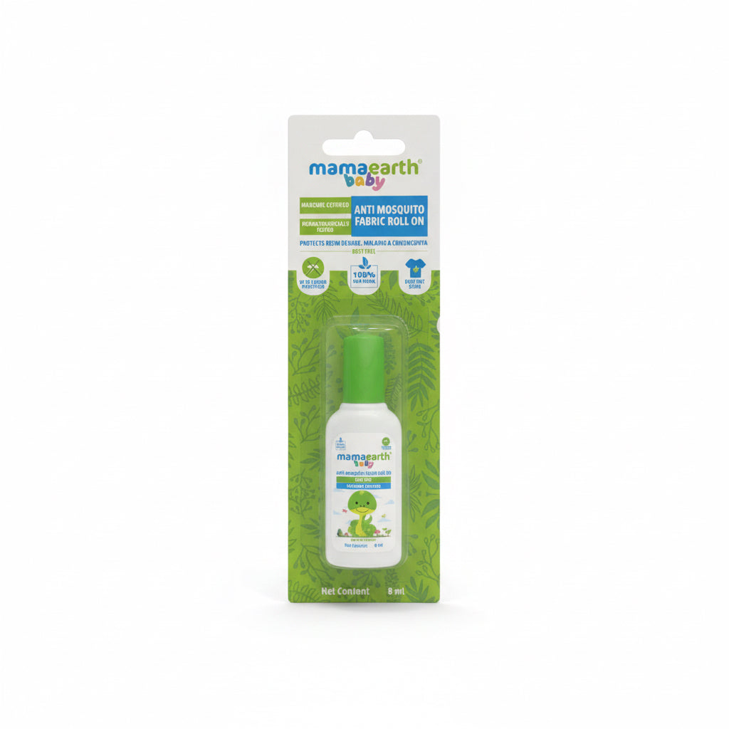 Mama Earth Baby Anti-Mosquito Fabric Roll On in a 8 ml bottle, packaged in a green blister pack and held in front of an open laptop computer.