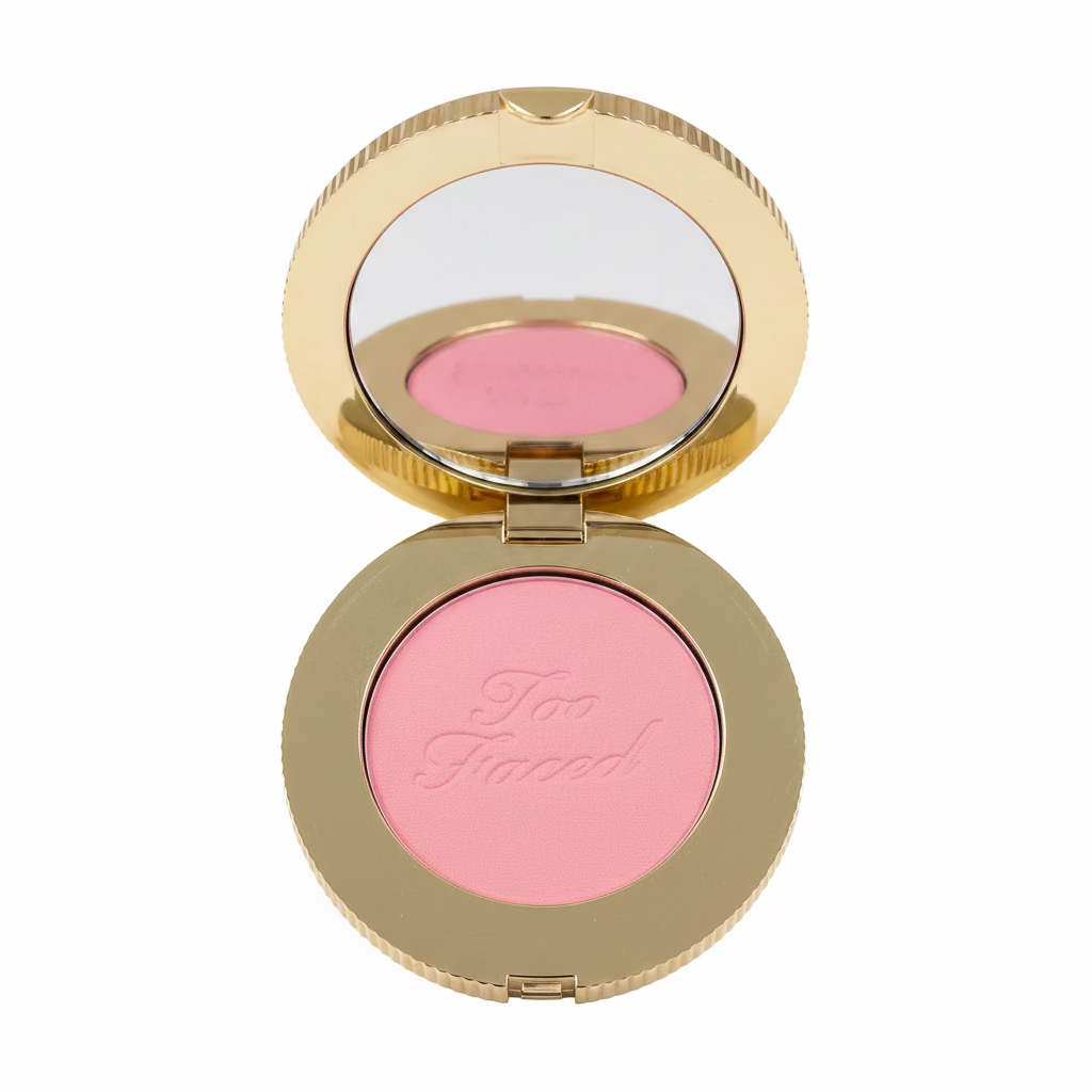 A close-up of a hand holding an open round makeup compact containing pink pressed powder with the brand name 'Too Faced' embossed on it. The compact has a gold-toned rim and a mirror on the inside lid.