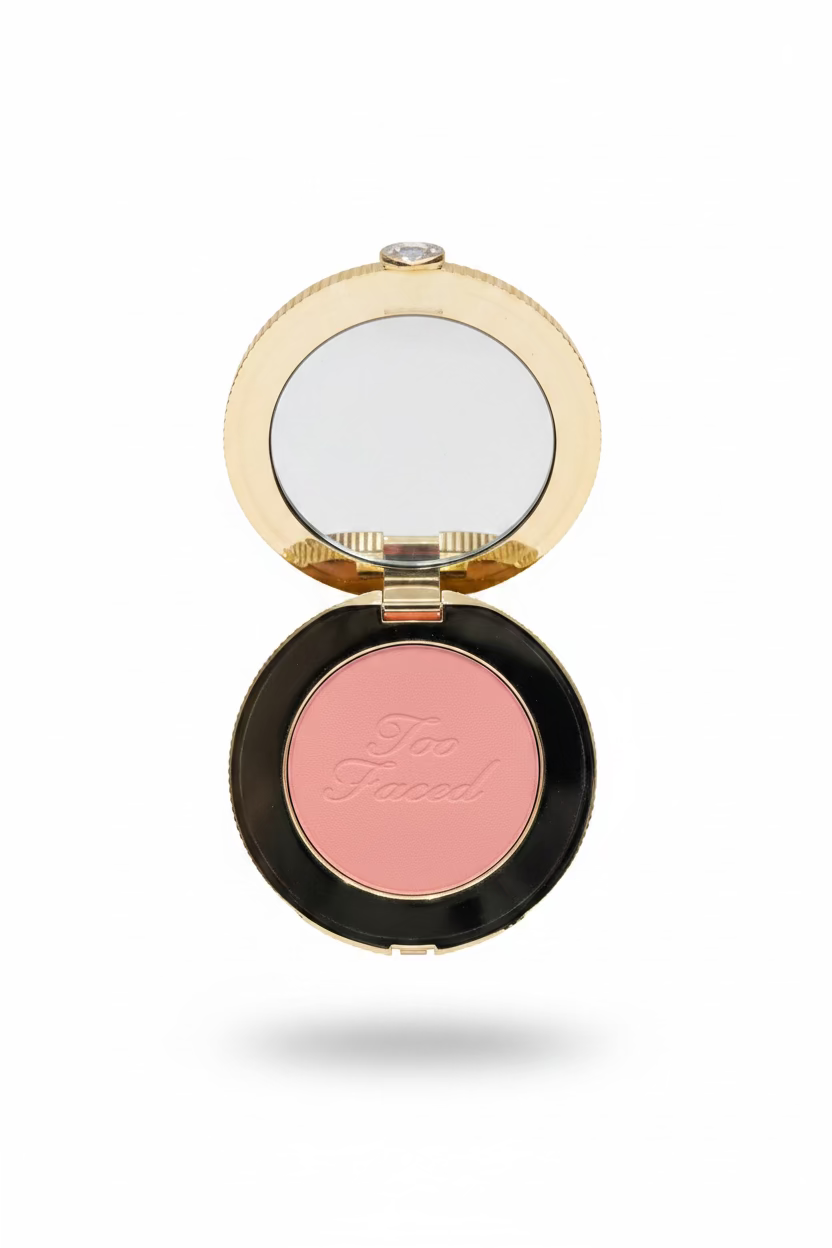 A hand holding an open Too Faced blush compact, showing the pink pressed powder and the brand name embossed on the bottom, with a mirror on the lid.