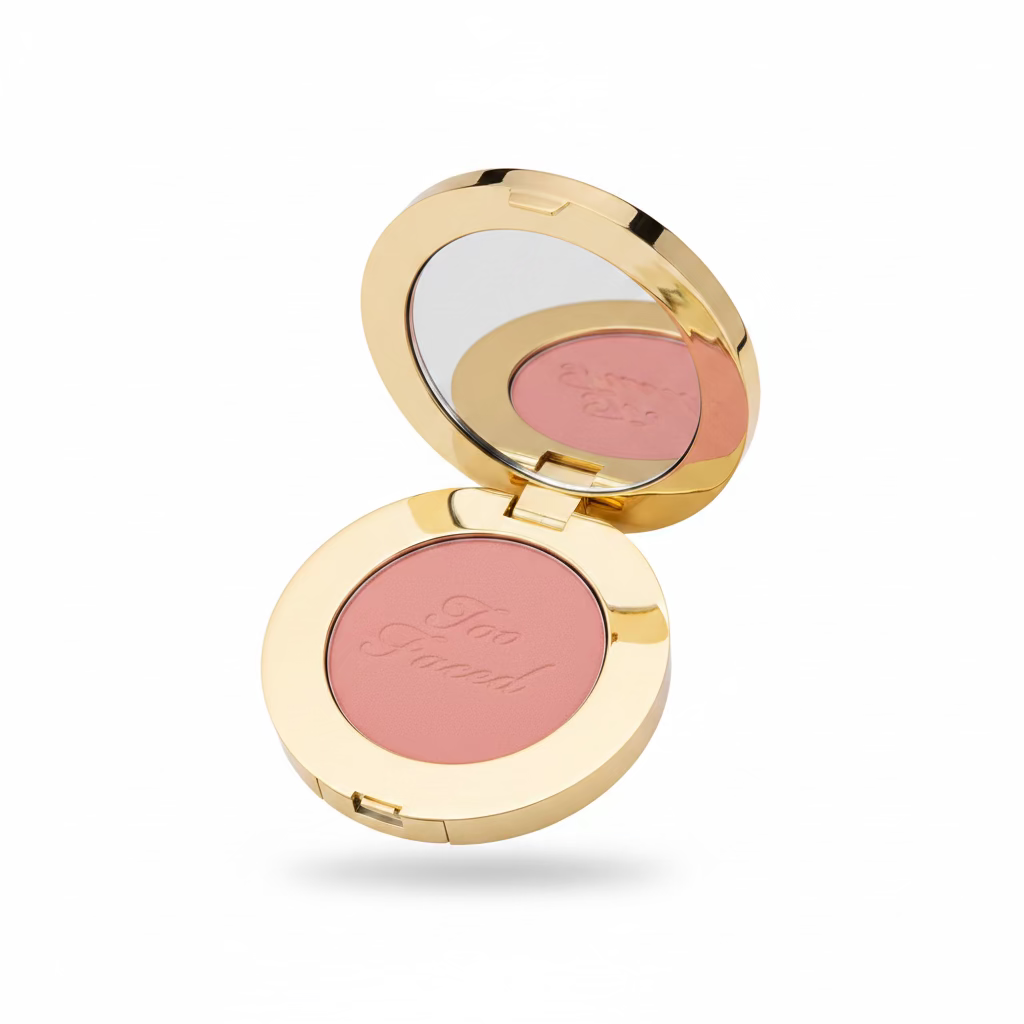 A hand holding an open Too Faced blush compact, showing the pink blush powder and the gold-toned casing, with a store shelf in the background.