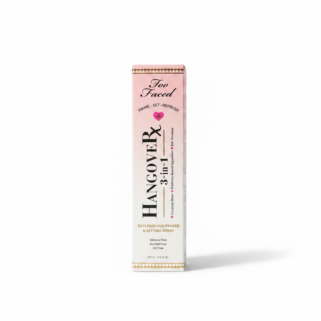 Too Faced Hangover Rx 3-in-1 Replenishing Primer & Setting Spray in a tall pink box, displayed on a glass counter with a blurred cosmetics store background.
