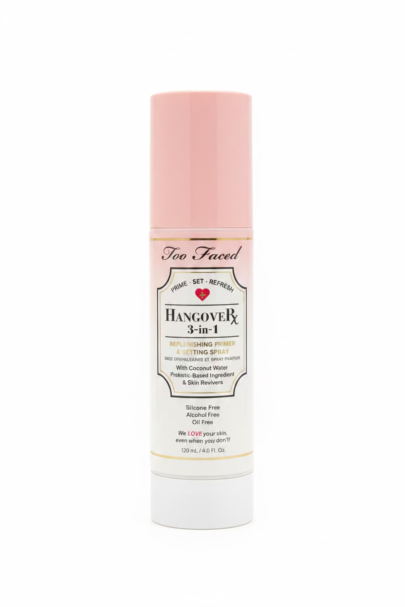 Too Faced Hangover Bx 3-in-1 Hydrating Primer bottle with a pink cap and white label, displayed on a glass counter in a retail setting.