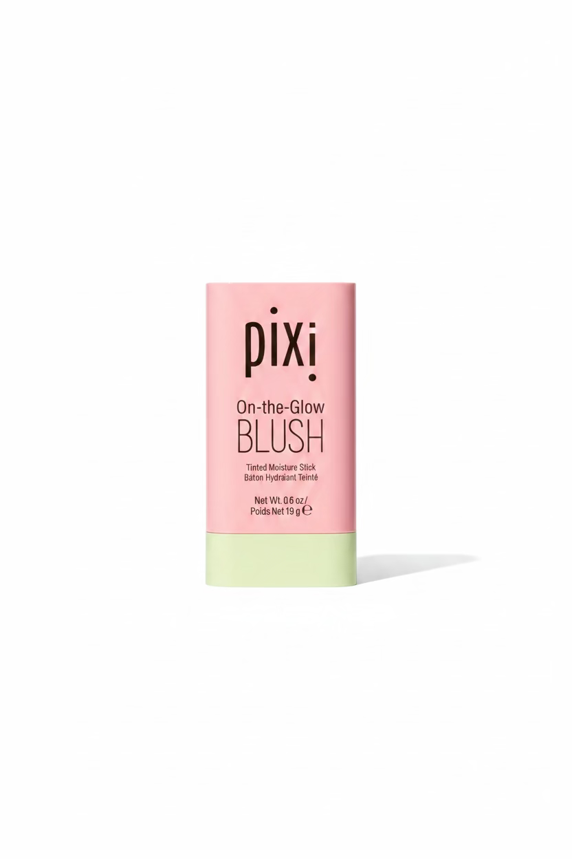 Pixi On-the-Glow Blush tinted moisturizer stick in a pink and pale yellow tube, displayed on a glass shelf in a retail setting.