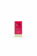 Pixi De-itch-Glow Blush stick in a red and pale yellow tube, displayed on a glass shelf with other cosmetic products in a store setting.
