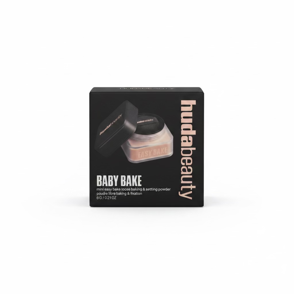 A box of Hudabauty Baby Bake Setting & Making Powder on a glass display counter, with a blurred store background.