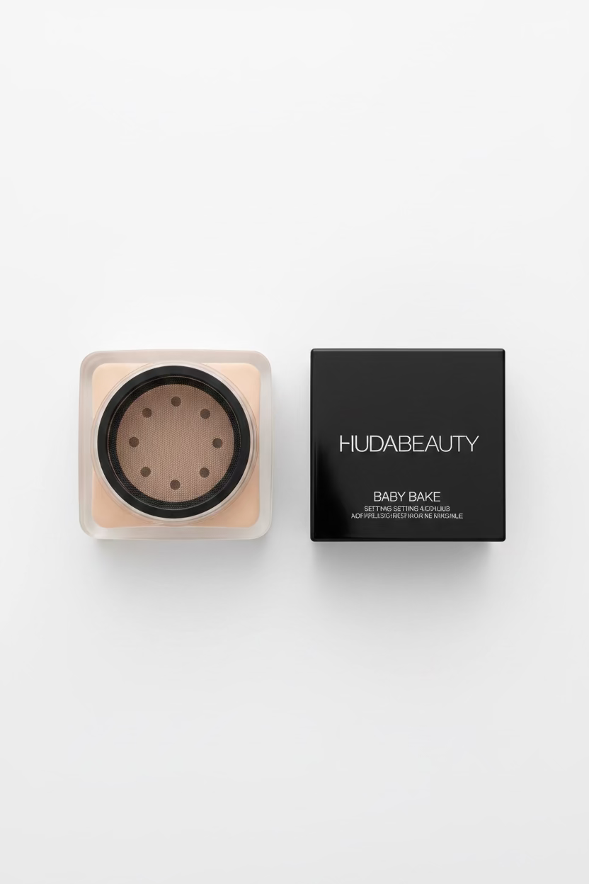 A square black and beige makeup compact or container set on a glass shelf, with the front piece showing a circular black center and gold dots, next to a black box labeled hudabeauty and BABY RAINE.