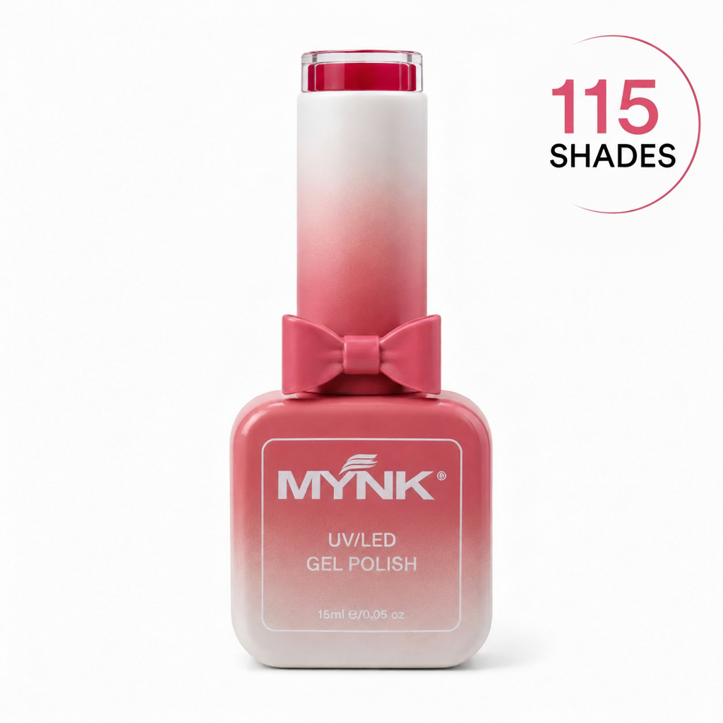 A bottle of Mynk UV/LED gel nail polish in shade 116, featuring a pink-to-white gradient design with a bow on the neck. A circular graphic overlay in the top right corner reads '116 SHADES'.