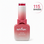 A bottle of Mynk UV/LED gel nail polish in shade 116, featuring a pink-to-white gradient design with a bow on the neck. A circular graphic overlay in the top right corner reads '116 SHADES'.