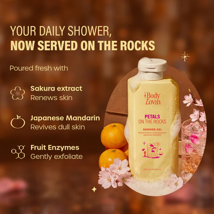 PLUM BODY LOVIN PETALS ON THE ROCKS SHOWER GEL | SAKURA EXTRACT | FRUIT ENNZYMES | JAPANESE MANDARIN 250ml 8.45 fi. oz.