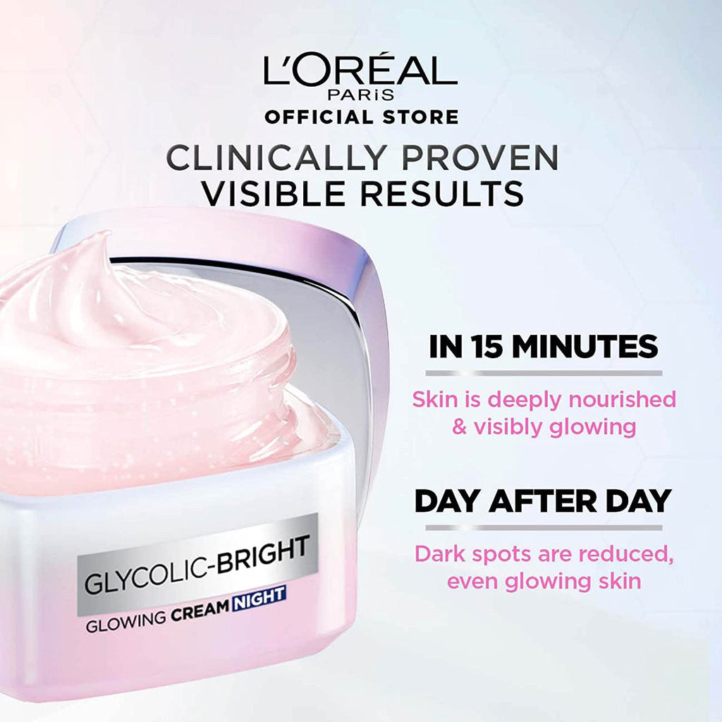 L'OREAL PARIS GLYCOLIC-BRIGHT GLOW NIGHT CREAM | Reduces Dullness & Boosts Glow Overnight | Glycolic + Niacinamide  50ml