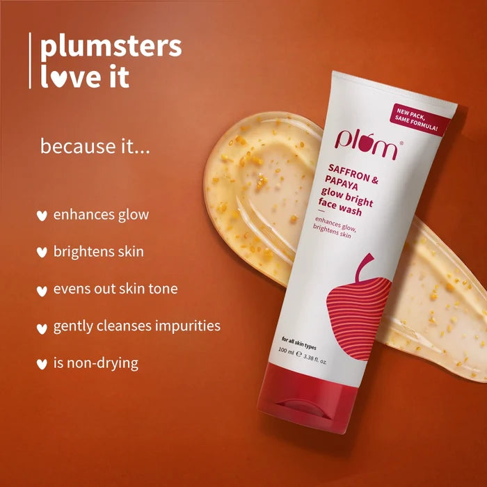 PLUM SAFFRON PAPAYA GLOW BRIGHT FACE WASH | ENHANCES GLOW, BRIGHTENS SKIN 100ml 3.38 fi. oz.