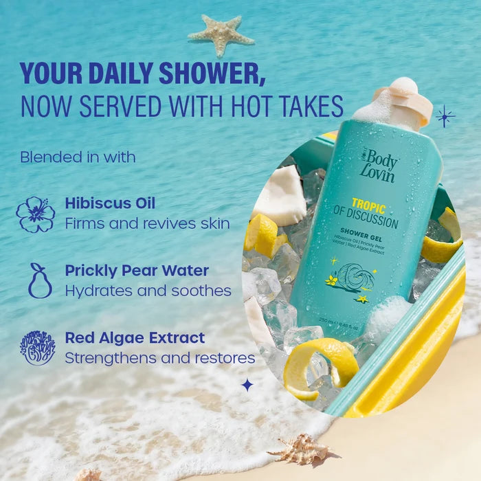 PLUM BODY LOVIN TROPIC OF DISCUSSION SHOWER GEL | HIBISCUS OIL | PRICKLY PEAR WATER | RED ALGAE EXTRACT 250ml 8.45 fi. oz