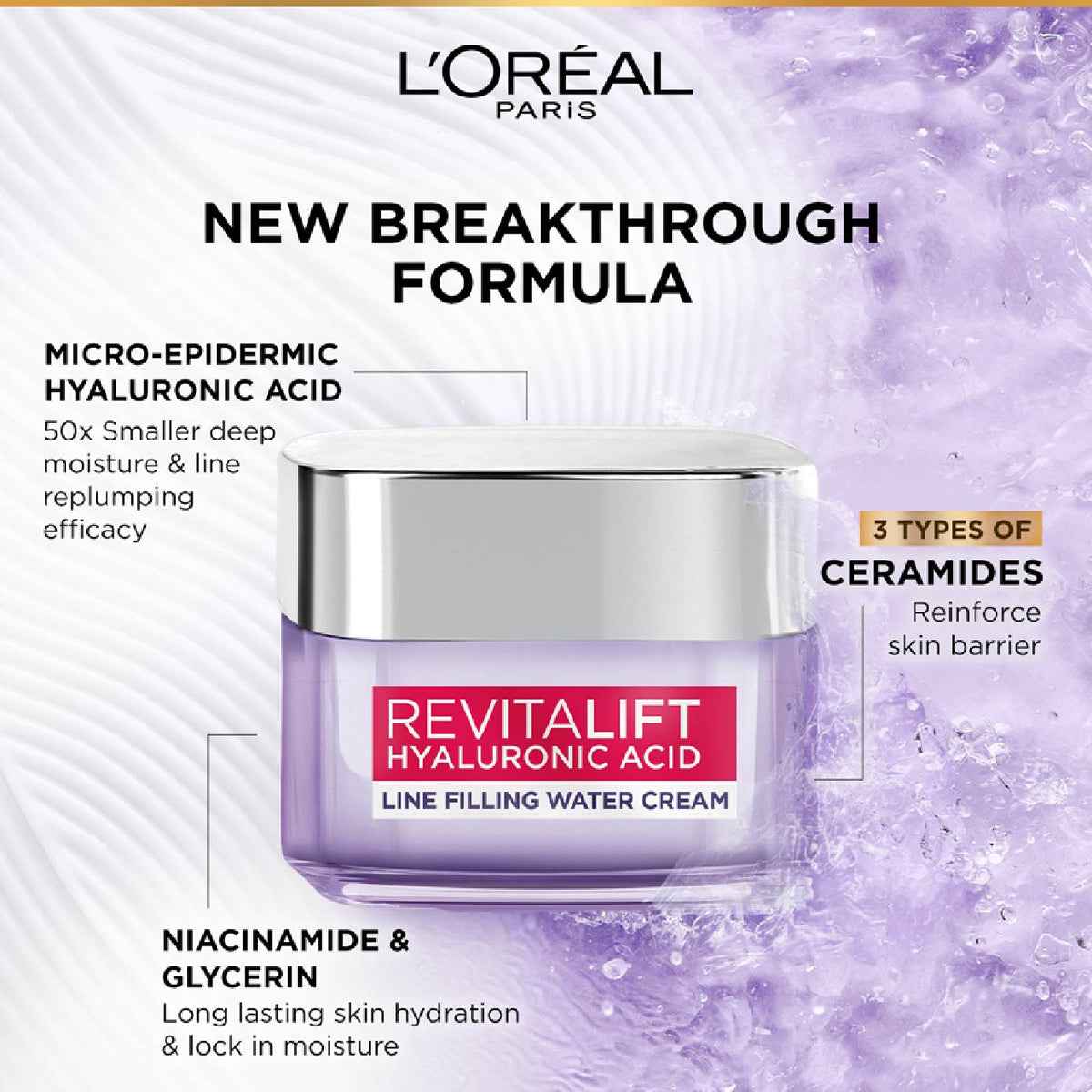 L'OREAL PARIS REVITALIFT HYALURONIC ACID | LINE FILLING WATER DAY CREAM | REPLUMP SKIN, FILL LINES** | LONG - LASTING HYALURONIC ACID 50ml